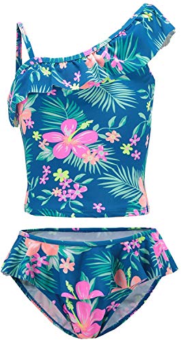 Moon Tree Großes Mädchen Geteilter Tankini Badeanzug Rüschen Hawaiian Badeanzug Strand Blau 11-12 Jahre Alt/152 von Moon Tree