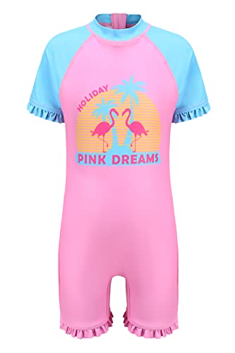 Moon Tree Kleine Mädchen Einteiliger Badeanzug Kurzarm Surfanzug Rüschen Bademode Strand Rash Guard 3-4 Jahre/104 von Moon Tree