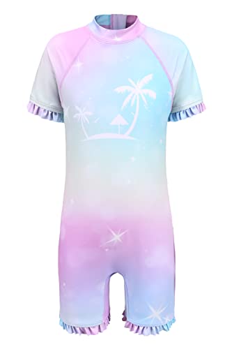 Moon Tree Mädchen Einteiliger Badeanzug Kurzarm Surfanzug Rüschen Bademode Strand Rash Guard 7-8 Jahre/134 von Moon Tree
