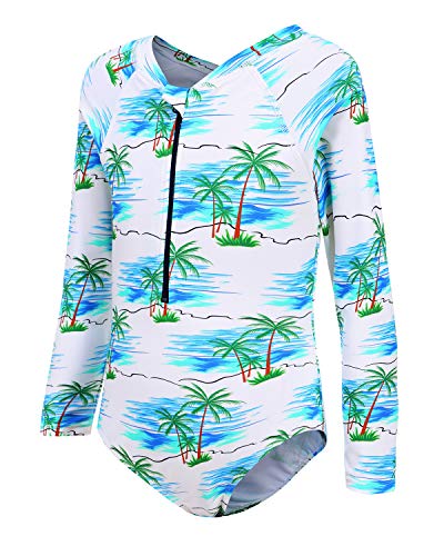 Moon Tree Mädchen Einteiliger Badeanzug Langarm-Surfanzug Hawaiian Badeanzug Strand Kokosnussbaum 134/7-8 Jahre Alt von Moon Tree