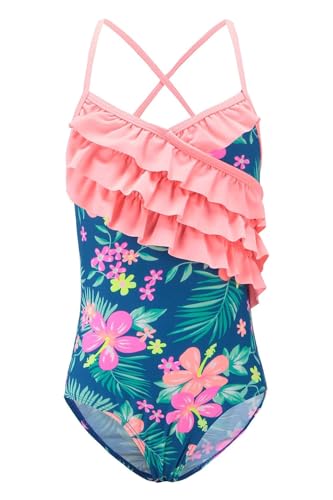 Moon Tree Mädchen Einteiliger Badeanzug Rüschen Hawaiian Bademode Strand Blau 11-12 Jahre/152 von Moon Tree