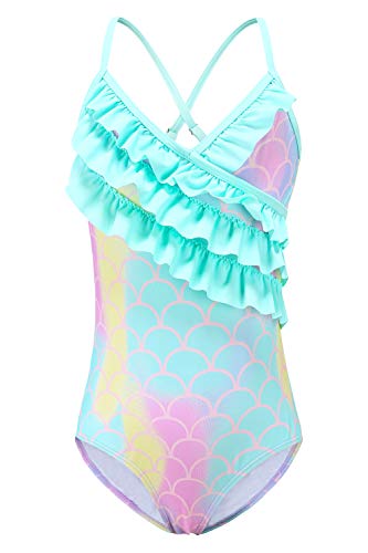 Moon Tree Mädchen Einteiliger Badeanzug Rüschen Hawaiian Badeanzug Strand Meerjungfrau Regenbogenfarben 2-3 Jahre/96 von Moon Tree