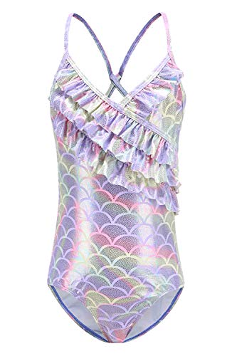 Moon Tree Mädchen Einteiliger Badeanzug Rüschen Hawaiian Badeanzug Strand Rosa Regenbogenfarben 6-7 Jahre/128 von Moon Tree