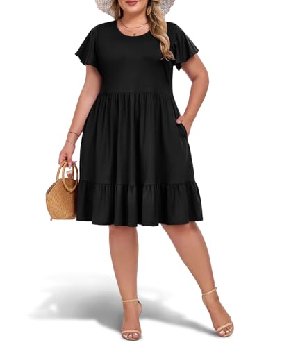Damen 2025 Plus Size Casual Kleid Rundhals Rüschen Floral Kurzarm Sommer Midi Kleider mit Taschen, Schwarz, 5XL von Moon Wood