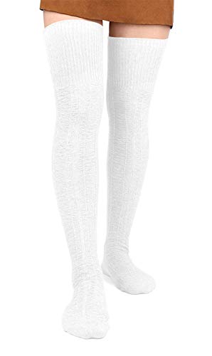 Moon Wood Overknees Strümpfe Damen Extra Lange Thigh High Socks Soft Warme Überkniestrümpfe Damen Baumwolle Strick Oberschenkelsocken Weiß von Moon Wood