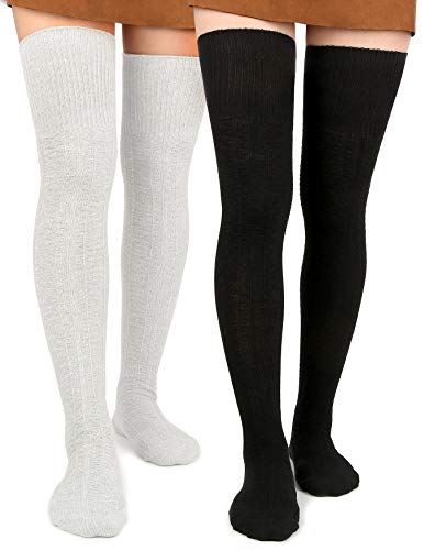 Moon Wood 2 Paar Overknees Strümpfe Damen Extra Lange Thigh High Socks Soft Warme Überkniestrümpfe Damen Baumwolle Strick Oberschenkelsocken Schwarz & Weiß von Moon Wood