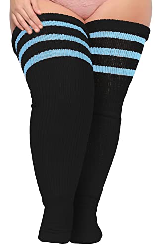 Damen Oberschenkelhohe Socken für dicke Oberschenkel, extra lang, gestreift, dick, Overknee-Socken, Beinwärmer, Stiefelsocken, schwarz/blau, Large von Moon Wood