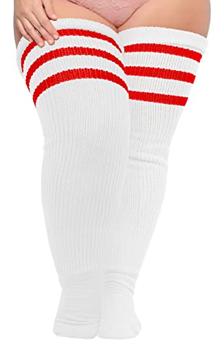 Moon Wood Damen Oberschenkelhohe Socken für dicke Oberschenkel, extra lange und dicke Overkneestrümpfe, Beinwärmer, Stiefelsocken, weiß/rot, Einheitsgröße (Übergröße) von Moon Wood