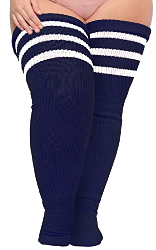 Damen Oberschenkelhohe Socken für dicke Oberschenkel, extra lang, gestreift, dick, Overknee-Socken, Beinwärmer, Stiefelsocken, Marineblau / Weiß, Large von Moon Wood