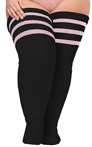 Moon Wood Damen Oberschenkelhohe Socken in Übergröße für dicke Oberschenkel, extra lang, gestreift, dick, Overknee-Strümpfe, Beinwärmer, Stiefelsocken, Schwarz & Hellrosa, Large von Moon Wood