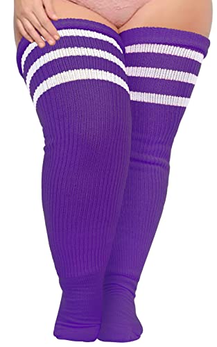 Moon Wood Damen Oberschenkelhohe Socken für dicke Oberschenkel, extra lang, gestreift, dick, Overknee-Socken, Beinwärmer, Stiefelsocken, Violett/Weiß, Large von Moon Wood