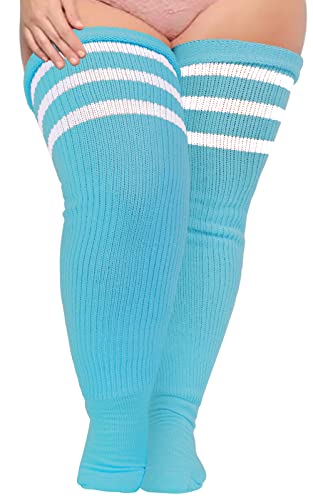 Damen Oberschenkelstrümpfe für dicke Oberschenkel, extra lang, gestreift, dick über dem Knie, Beinwärmer, Stiefelsocken, blau / weiß von Moon Wood