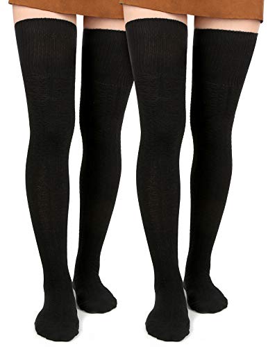 Moon Wood 2 Paar Schwarz Overknees Strümpfe Damen Extra Lange Thigh High Socks Soft Warme Überkniestrümpfe Damen Baumwolle Strick Oberschenkelsocken von Moon Wood