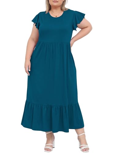 Moon Wood 2025 Damen Sommerkleid Lang Freizeit Maxikleid Strandkleid mit Rüschen Kurzarm und Taschen Blua 3XL von Moon Wood