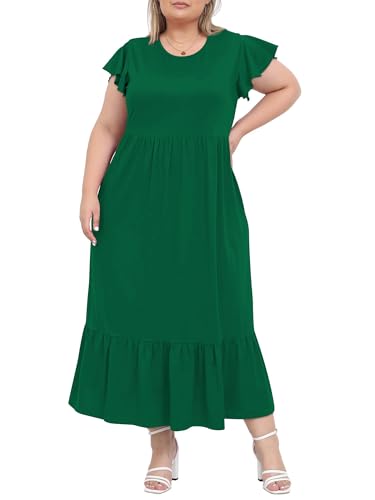 Moon Wood 2025 Damen Sommerkleid Lang Freizeit Maxikleid Strandkleid mit Rüschen Kurzarm und Taschen Dunkelgrün 5XL von Moon Wood