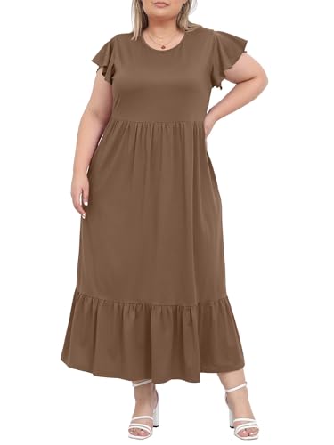 Moon Wood 2025 Damen Sommerkleid Lang Freizeit Maxikleid Strandkleid mit Rüschen Kurzarm und Taschen Große Größen,Khaki L von Moon Wood