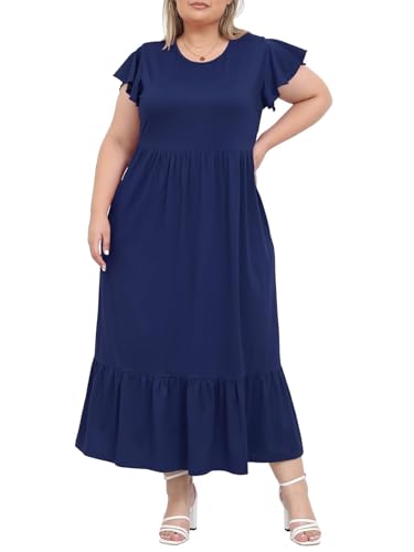 Moon Wood 2025 Damen Sommerkleid Lang Freizeit Maxikleid Strandkleid mit Rüschen Kurzarm und Taschen Große Größen,Marineblau XL von Moon Wood