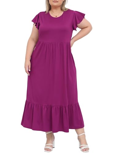 Moon Wood 2025 Damen Sommerkleid Lang Freizeit Maxikleid Strandkleid mit Rüschen Kurzarm und Taschen Große Größen,Pflaume 4XL von Moon Wood