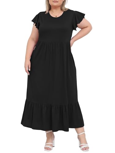 Moon Wood 2025 Damen Sommerkleid Lang Freizeit Maxikleid Strandkleid mit Rüschen Kurzarm und Taschen Große Größen,Schwarz L von Moon Wood
