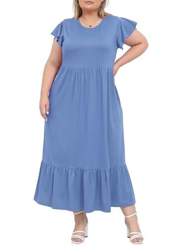 Moon Wood 2025 Damen Sommerkleid Lang Freizeit Maxikleid Strandkleid mit Rüschen Kurzarm und Taschen Große Größen,Staubblau L von Moon Wood