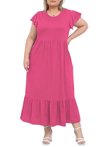 Moon Wood 2025 Damen Sommerkleid Lang Freizeit Maxikleid Strandkleid mit Rüschen Kurzarm und Taschen Große Größen (DE/NL/SE/PL, Alphanumerisch, XL, Regular, Regular, pink) von Moon Wood