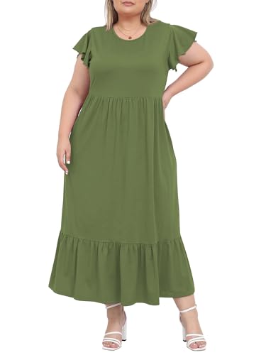 Moon Wood 2025 Damen Sommerkleid Lang Freizeit Maxikleid Strandkleid mit Rüschen Kurzarm und Taschen Olive 5XL von Moon Wood