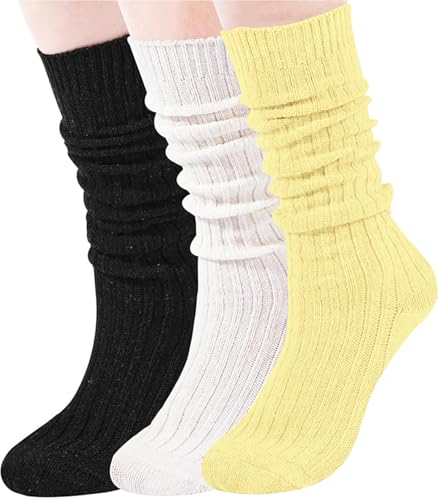 Moon Wood 3 Paar Slouch Socken Damen Winter Dicke Warme Kniestrümpfe Wollstrümpfe Stulpen Scrunch Socks Größe 35-38 39-42 (Schwarz Weiß Gelb) von Moon Wood