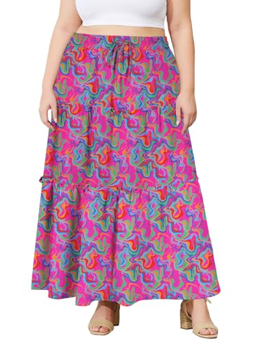 Moon Wood Damen Rock Lang Sommer Boho Elastisch Hohe Taille Maxi Skirt Pull On Freizeit Faltenrock mit Taschen Große Größen Floral 02 XL von Moon Wood