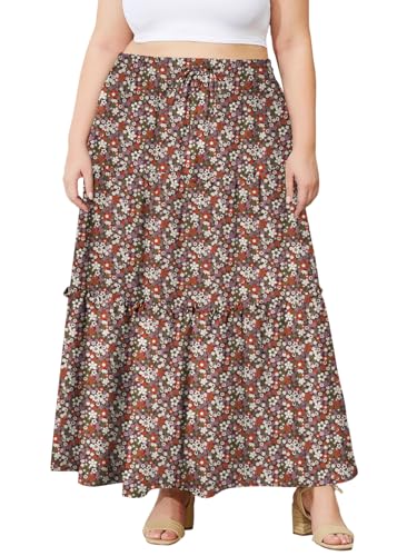 Moon Wood Damen Rock Lang Sommer Boho Elastisch Hohe Taille Maxi Skirt Pull On Freizeit Faltenrock mit Taschen Große Größen Floral 03 XL von Moon Wood