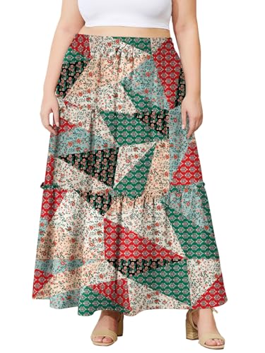 Moon Wood Boho Rock Damen Lang Stretch Hohe Taille Stufenrock Langer A Linie Sommer Maxi Rock mit Taschen Große Größen,Floral 04,3XL von Moon Wood