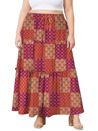 Moon Wood Boho Rock Damen Lang Stretch Hohe Taille Stufenrock Langer A Linie Sommer Maxi Rock mit Taschen Große Größen,Floral 05,3XL von Moon Wood