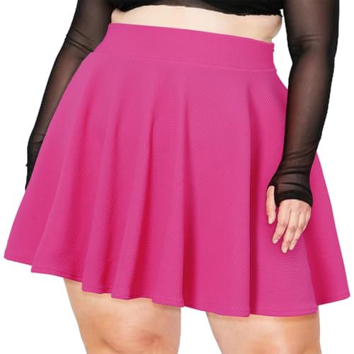 Moon Wood Damen Basic Übergröße Mini Skater Rock Stretch Hohe Taille Lässig Faltenrock Ausgestellt Pull On Skirt Röcke, Rosarot, L von Moon Wood