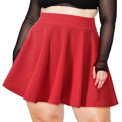 Moon Wood Damen Basic Übergröße Mini Skater Rock Stretch Hohe Taille Lässig Faltenrock Ausgestellt Pull On Skirt Röcke, Rot, XXL von Moon Wood
