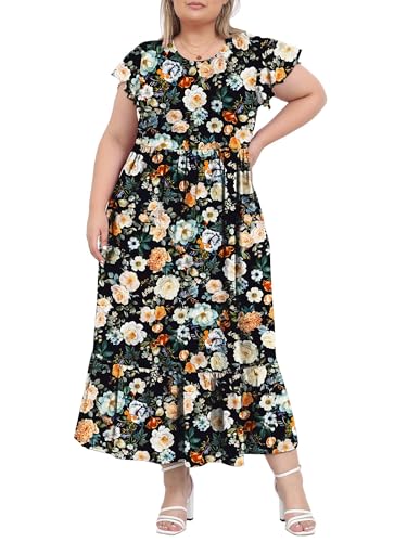 Moon Wood Damen Blumenkleid Lang Freizeit Sommerkleid Maxikleid Strandkleid mit Rüschen Kurzarm und Taschen L Floral 02 von Moon Wood