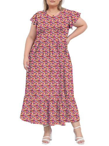 Moon Wood Damen Blumenkleid Lang Freizeit Sommerkleid Maxikleid Strandkleid mit Rüschen Kurzarm und Taschen XXL Floral 01 von Moon Wood