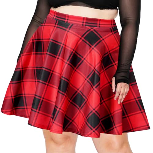 Moon Wood Damen Karierten Minirock Hohe Taille Plus Größe Skater Rock Bequemer Dehnbarer Faltenrock von Moon Wood