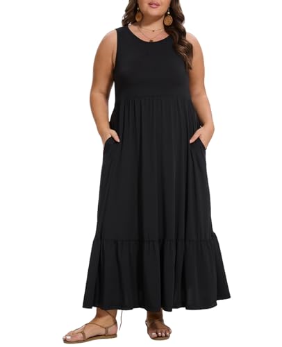 Moon Wood Damen-Maxikleid in Übergröße, ärmellos, locker, einfarbig, lässig, lang, mit Taschen, Schwarz, 5X-Large Plus von Moon Wood