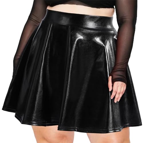 Moon Wood Damen Metallischer Glitzer Mini Rock Ausgestellter Faltenrock Elastische Taille Pull On Glitzerrock Schwarz 3XL von Moon Wood
