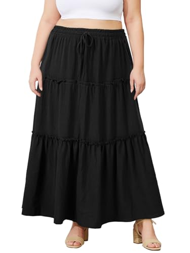 Moon Wood Maxirock Damen Lang Stretch Hohe Taille Sommerrock Langer Rock mit Ruffled Tiered, Basic Sommer Maxi Skirt mit Taschen, Große Größen, Schwarz, 5XL von Moon Wood