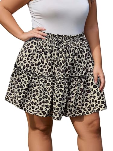Moon Wood Damen Sommer Boho Mini Rock Übergröße Hohe Elastische Taille Blumenrock mit Ruffled Tiered, Skaterrock mit Shorts, Leopard, XXL von Moon Wood