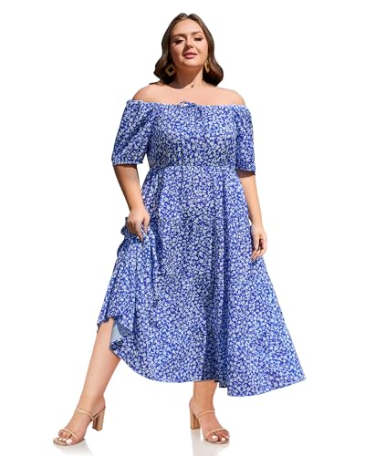Moon Wood Damen Sommerkleid Freizeit Boho BlumenKleid MaxiKleid mit Square Neck und Kurzarm Floral 02 5XL von Moon Wood