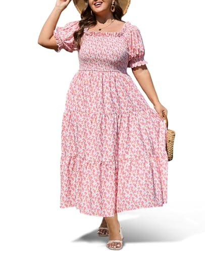Moon Wood Damen Sommerkleid Freizeit Floral Smocked Maxi Kleid Square Neck Off Shoulder mit Puff Kurzarm Floral 01 4XL von Moon Wood