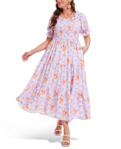 Moon Wood Damen Sommerkleid Freizeit Floral Smocked Maxi Kleid Square Neck Off Shoulder mit Puff Kurzarm Floral 02 3XL von Moon Wood