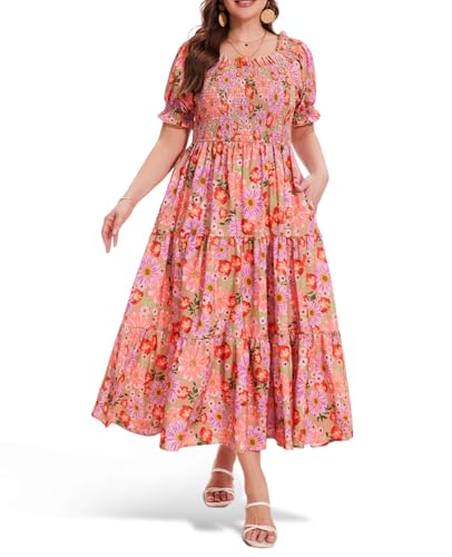 Moon Wood Damen Sommerkleid Freizeit Floral Smocked Maxi Kleid Square Neck Off Shoulder mit Puff Kurzarm Floral 03 5XL von Moon Wood