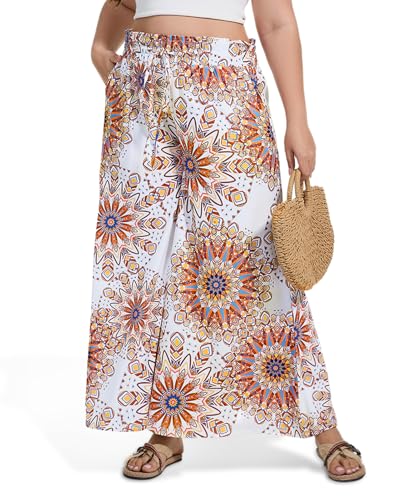 Moon Wood Hose Weites Bein Damen Sommer Boho Freizeit Lässig Stoffhose mit Rüschen Elastische Hohe Taille Palazzo Hosen mit Taschen Große Größen 3XL Floral 03 von Moon Wood