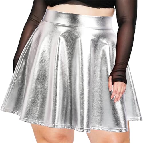 Moon Wood Damen Metallischer Glitzer Mini Rock Ausgestellter Faltenrock Elastische Taille Pull On Glitzerrock Weiß XL von Moon Wood