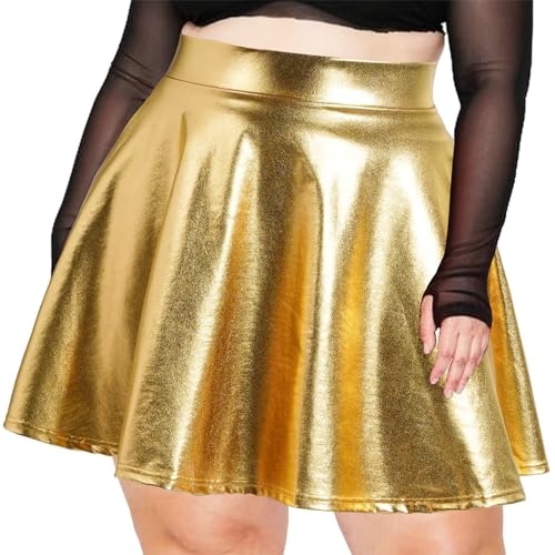 Moon Wood Damen Metallischer Glitzer Minirock Ausgestellter Faltenrock Elastische Taille Pull On Glitzerrock Gold XXL von Moon Wood