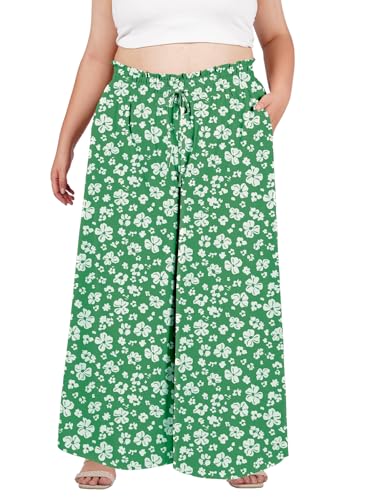 Moon Wood Hose Weites Bein Damen Sommer Boho Freizeit Lässig Stoffhose mit Rüschen Elastische Hohe Taille Palazzo Hosen mit Taschen Große Größen 5XL Floral 05 von Moon Wood
