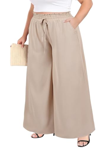 Moon Wood Hose Weites Bein Damen Sommer Boho Freizeit Lässig Stoffhose mit Rüschen Elastische Hohe Taille Palazzo Hosen mit Taschen Große Größen Mandel 2XL von Moon Wood