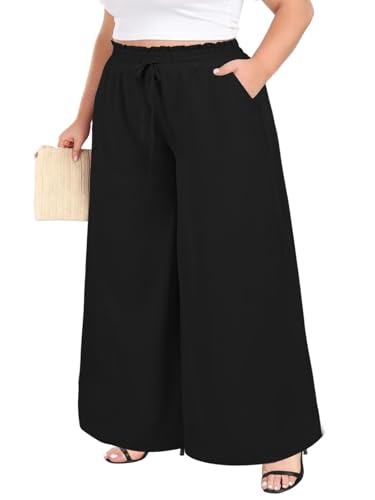 Moon Wood Hose Weites Bein Damen Sommer Boho Freizeit Lässig Stoffhose mit Rüschen Elastische Hohe Taille Palazzo Hosen mit Taschen Große Größen Schwarz 2XL von Moon Wood